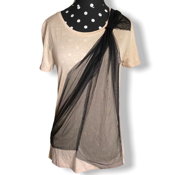 Ann Taylor Womens Top Size‎ Small Beige Black Mesh Bow Lyocell NEW - Picture 3 of 6